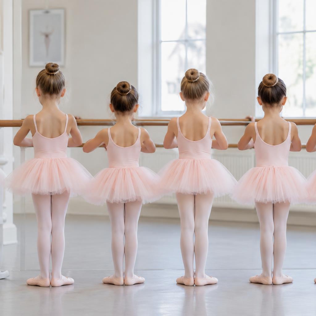 Illustrative photo of little girls in blush ballet outfits at the barre, with their heads, arms and upper bodies visible