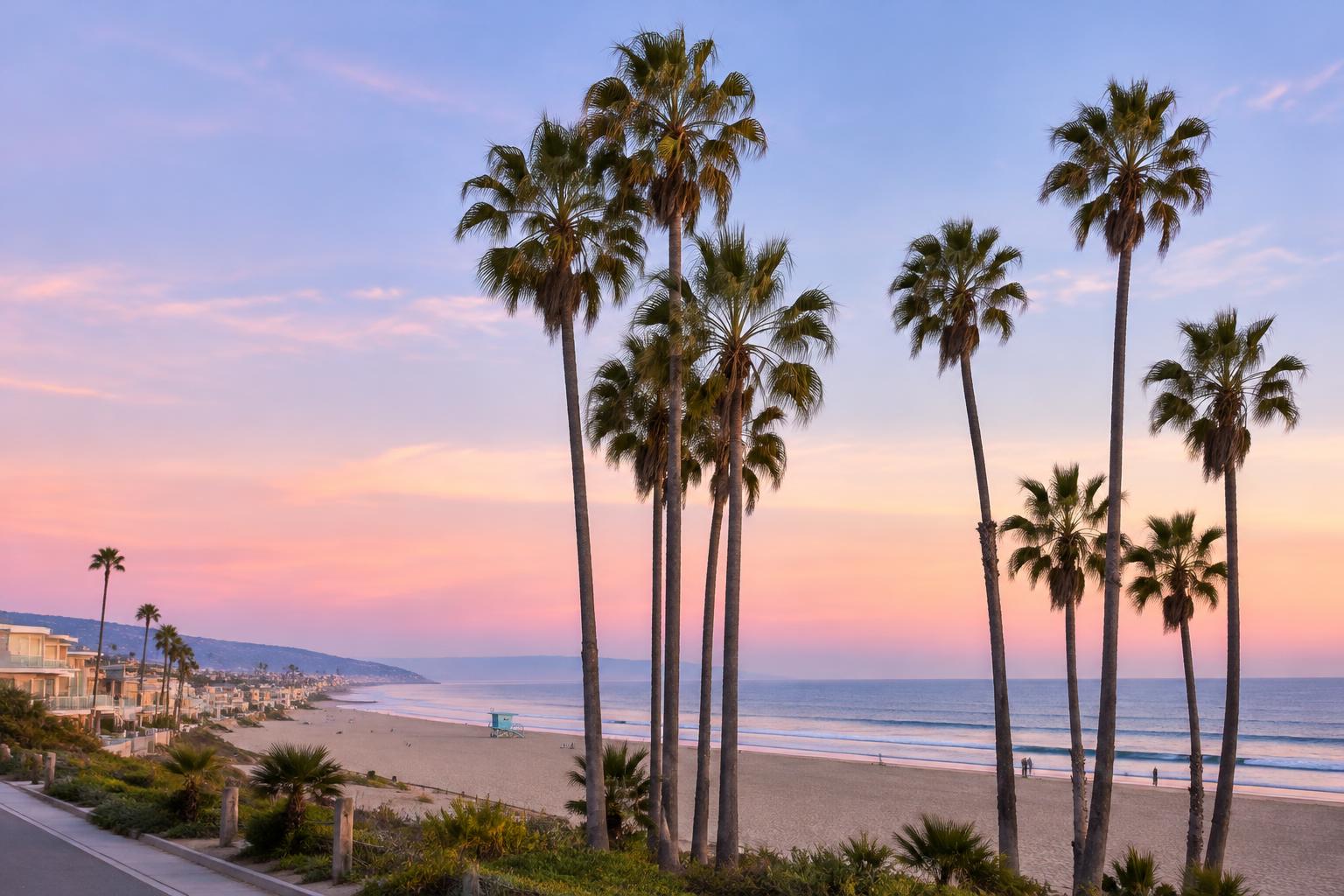 Illustrative photo of palm trees on a Southern California beach at sunset