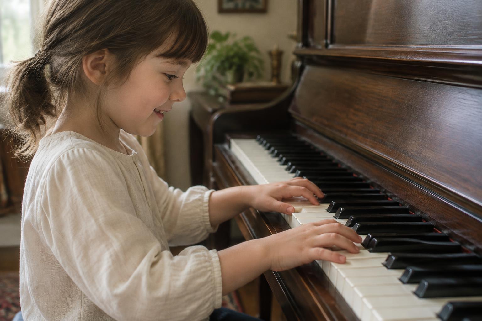 Illustrative close-up of a young child in profile playing piano, with her whole face and both hands on the keys visible